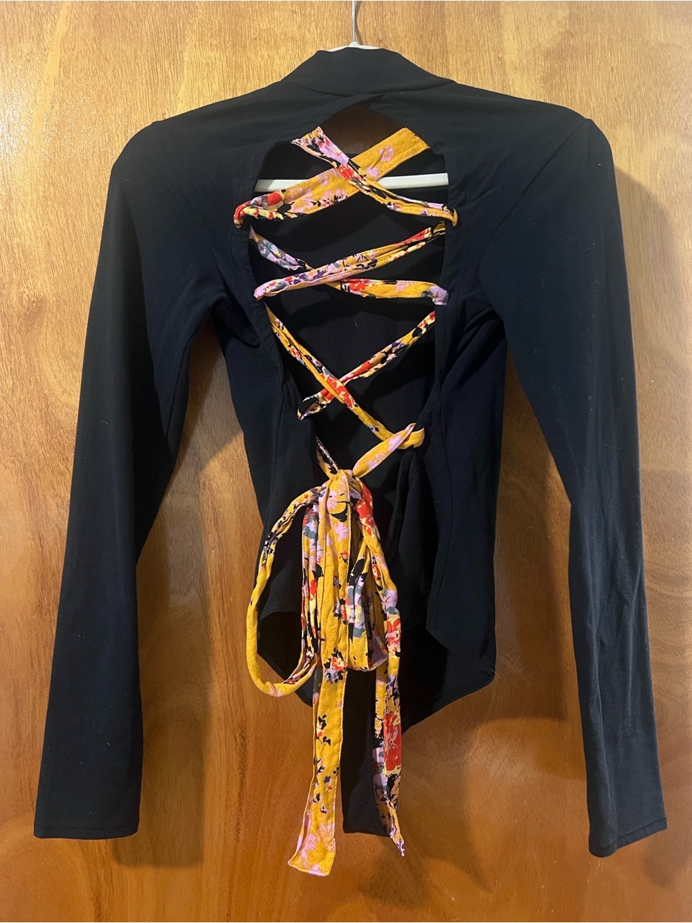 Free People Black Leotard with Floral Trim